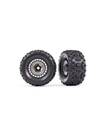 Traxxas Tires and wheels 3.8", black wheels, gray wheel covers, Sledgehammer tires (2)