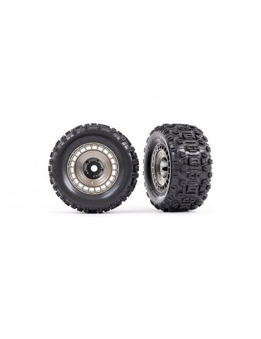 Traxxas Tires and wheels 3.8", satin black chrome wheels w/ covers, Sledgehammer tires (2)