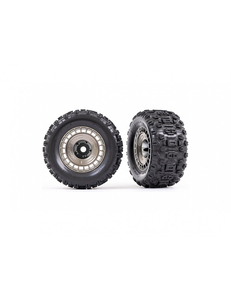 Traxxas Tires and wheels 3.8", satin black chrome wheels w/ covers, Sledgehammer tires (2)