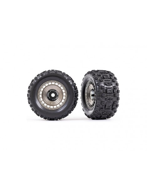 Traxxas Tires and wheels 3.8", satin black chrome wheels w/ covers, Sledgehammer tires (2)