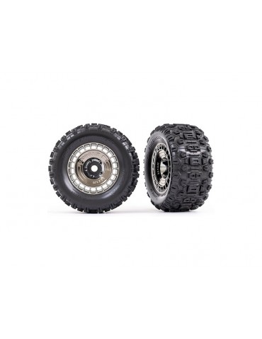 Traxxas Tires and wheels 3.8", black chrome wheels w/ covers, Sledgehammer tires (2)