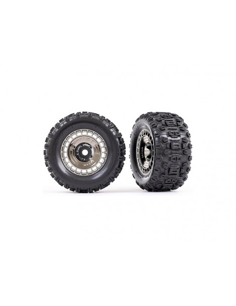 Traxxas Tires and wheels 3.8", black chrome wheels w/ covers, Sledgehammer tires (2)