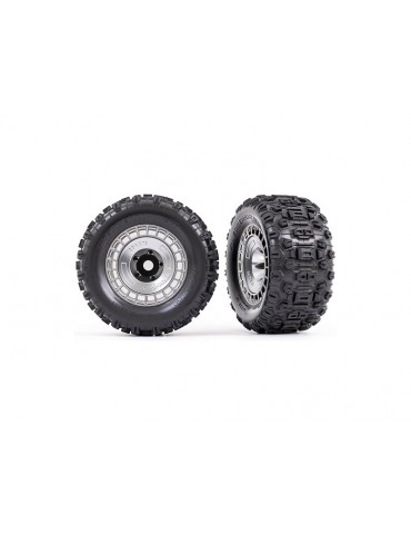 Traxxas Tires and wheels 3.8", satin chrome wheels w/ covers, Sledgehammer tires (2)