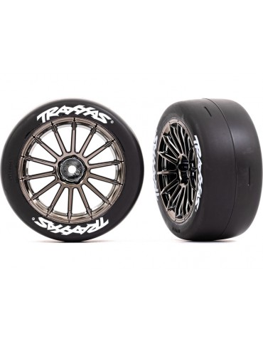 Traxaxs Tires and wheels 2.0", multi-spoke black chrome wheels, slick tires (front) (2)