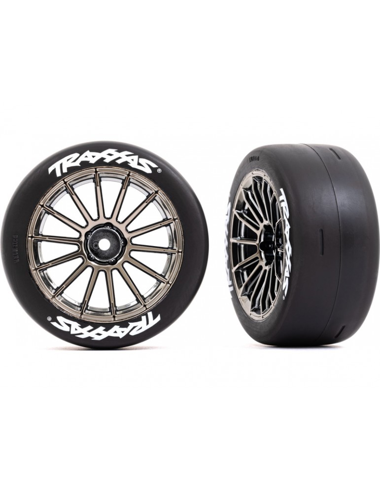 Traxxas Tires and wheels 2.0", multi-spoke black chrome wheels, slick tires (rear) (2)