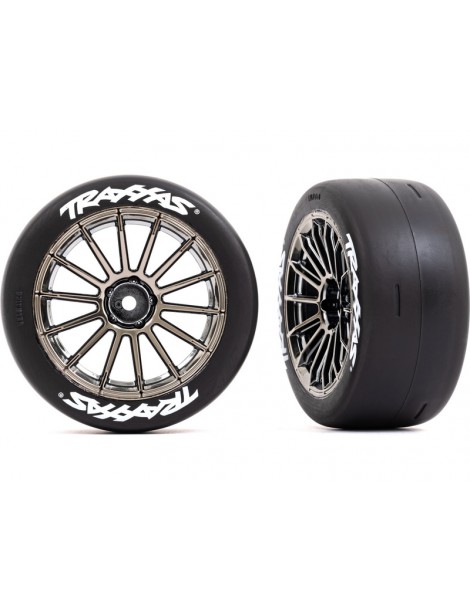 Traxxas Tires and wheels 2.0", multi-spoke black chrome wheels, slick tires (rear) (2)