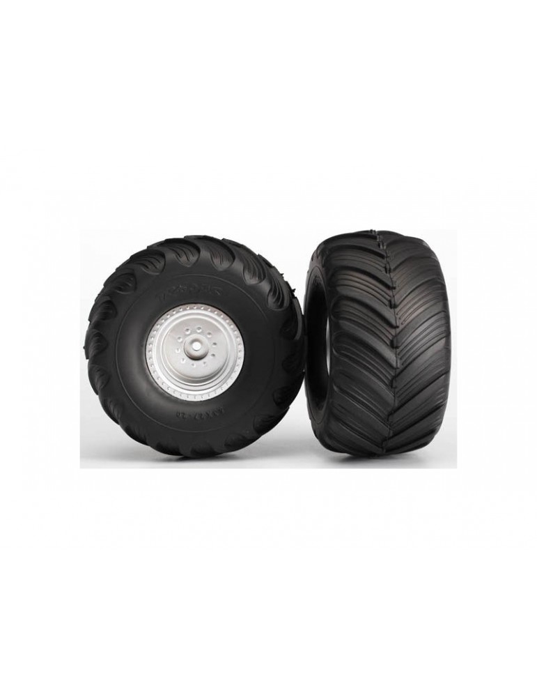 Traxxas Wheels 3.0/2.0", satin chrome wheels, 19mm, Terra Groove tires, foam inserts (pair)