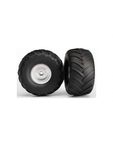 Traxxas Wheels 3.0/2.0", satin chrome wheels, 19mm, Terra Groove tires, foam inserts (pair)