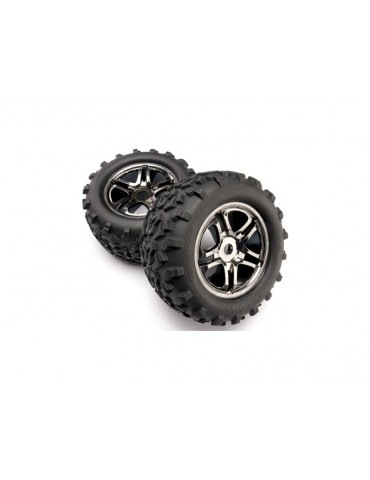 Traxxas Tires & wheels 3.8", Split Spoke black chrome wheels, Maxx tires (2)
