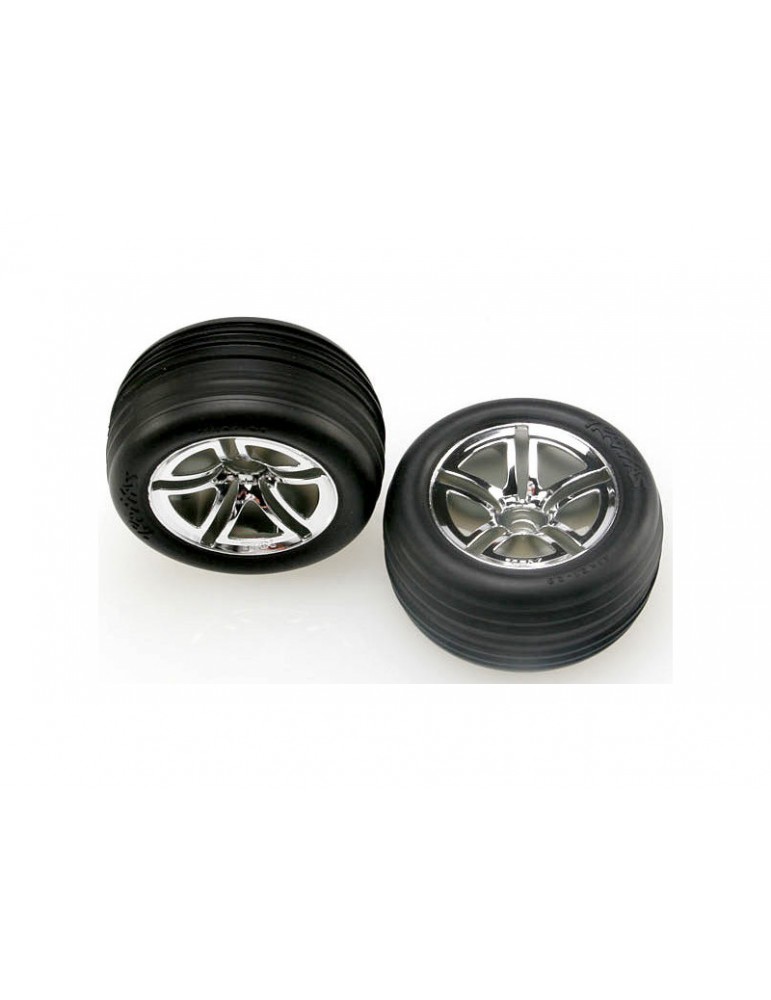 Traxxas Tires & wheels 2.8", Twin-Spoke chrome wheels, Ribbed tires (2) (nitro front)