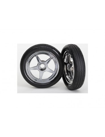Traxxas Tires & wheels, 5-spoke chrome wheels, tires (2) (front)