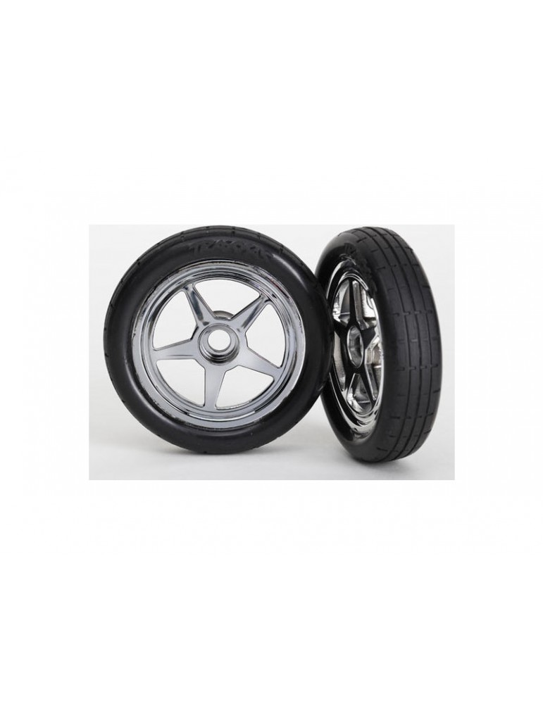 Traxxas Tires & wheels, 5-spoke chrome wheels, tires (2) (front)