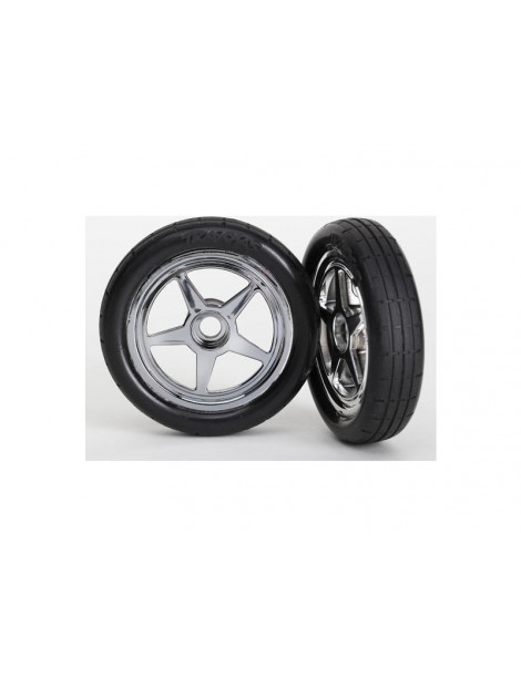 Traxxas Tires & wheels, 5-spoke chrome wheels, tires (2) (front)