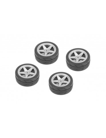 CARTEN 1/10 Tires 26mm 5-Spoke Silver Wheel, 4 Pcs.