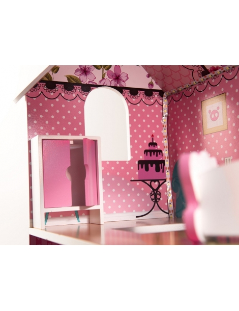Medinis lėlių namas su baldais ir LED apšvietimu, 70 cm