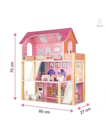 Medinis lėlių namelis su baldais 70cm rožinis