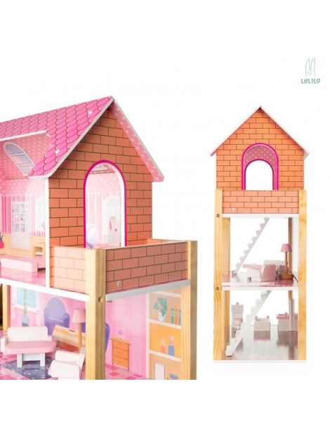 Medinis lėlių namelis su baldais 70cm rožinis