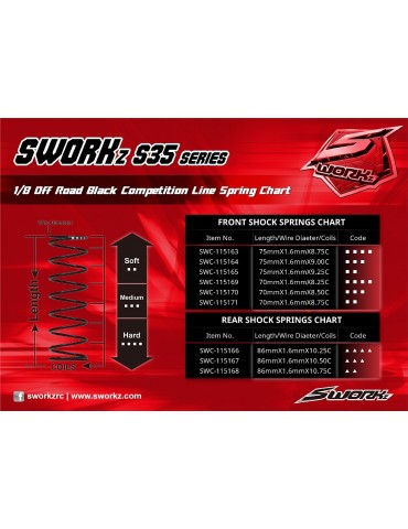 SWORKz 1/8 Series Black Competition Shock Spring (L2-Dot)(86X1.6X10.75) (2)