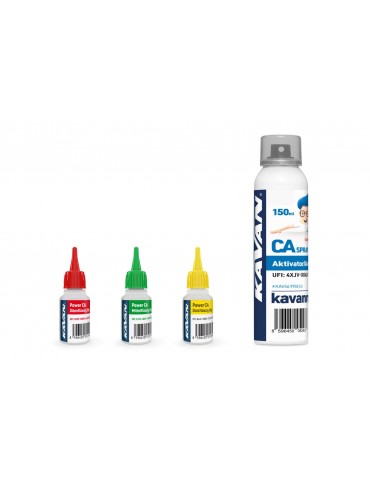 KAVAN POWER CA Super Glue PACK 3 x 20g (Thin, Med, Thick) + activator 150ml (DE)