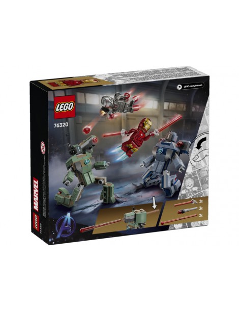 LEGO Marvel Geležinis žmogus ir Karo mašina prieš „Hammer“ dronus konstruktorius