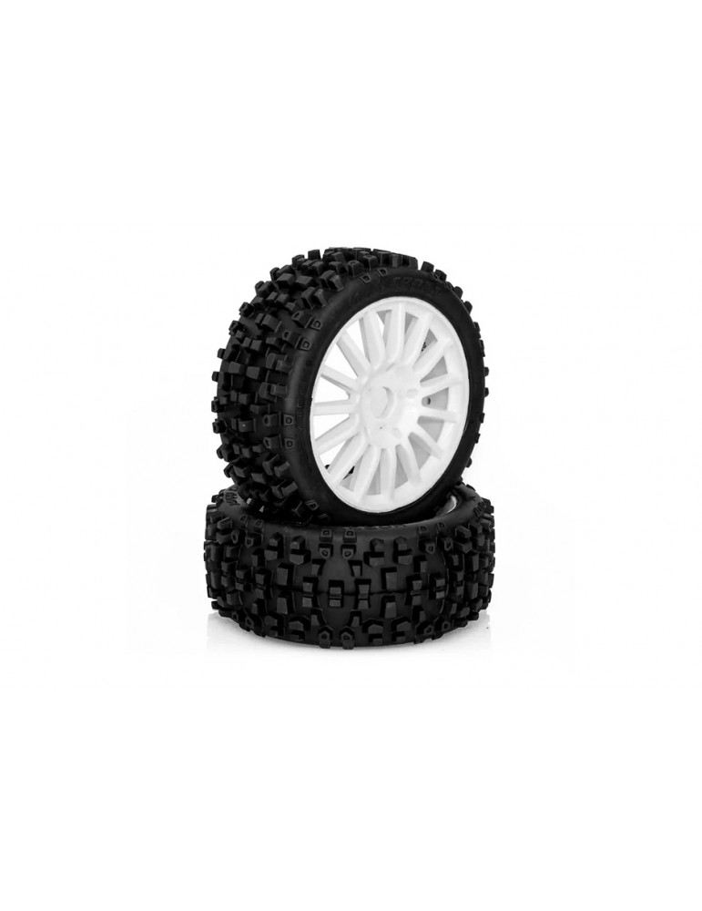 MAXI CROSS 1/8 Pre glued BUGGY Tyres on white spokes wheels