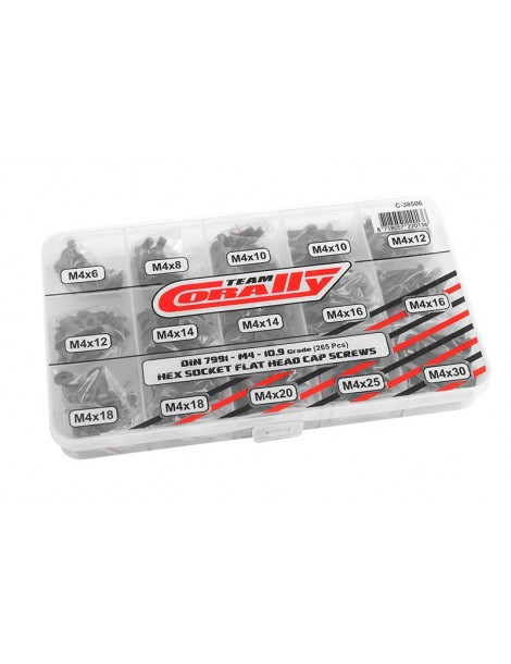 Screw Set M4 - Hex Flat Head - DIN 7991 - Steel Black - 10.9 Grade - 15 Sizes - 265 pcs