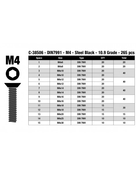 Screw Set M4 - Hex Flat Head - DIN 7991 - Steel Black - 10.9 Grade - 15 Sizes - 265 pcs