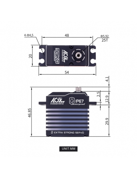 RC dalys servo pavara AGFRC A86BHMW 55kg IP67 bešepetėlinė – CyborgShop
