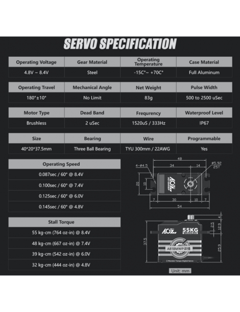 Servo pavara AGF-RC A81BMWP 55kg bešepetėlinė IP67 – CyborgShop