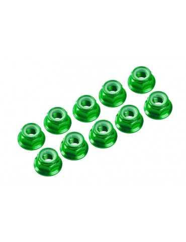 M4/4mm Alu Flanged Nylon Nut Green, 10 Pcs.