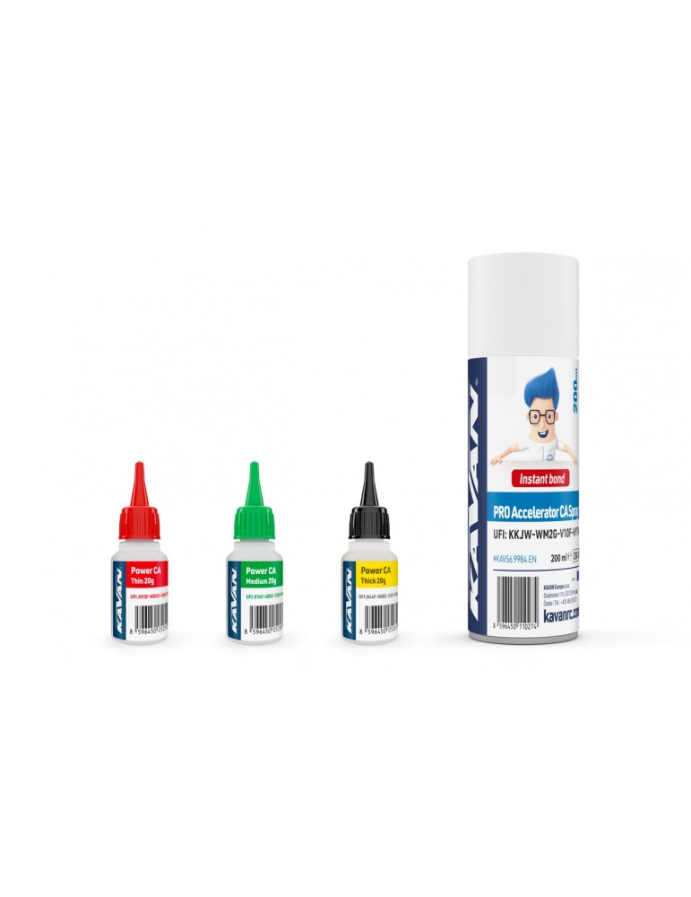 KAVAN POWER CA Super Glue PACK 3 x 20g (Thin, Med, Thick) + activator PRO 200ml (EN)