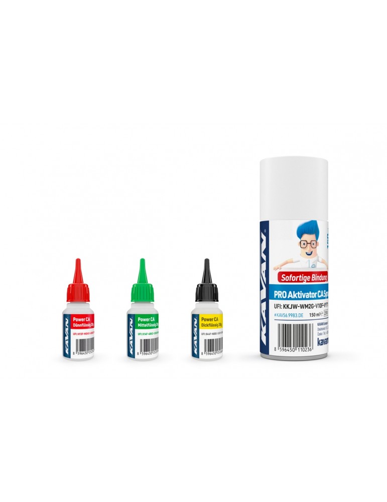 KAVAN POWER CA Super Glue PACK 3 x 20g (Thin, Med, Thick) + activator PRO 150ml (DE)
