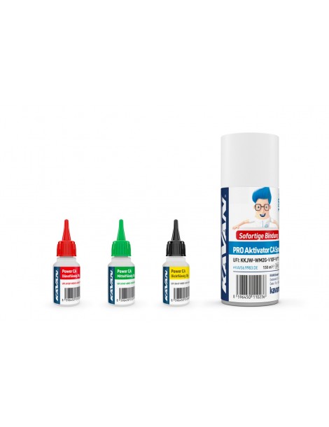 KAVAN POWER CA Super Glue PACK 3 x 20g (Thin, Med, Thick) + activator PRO 150ml (DE)
