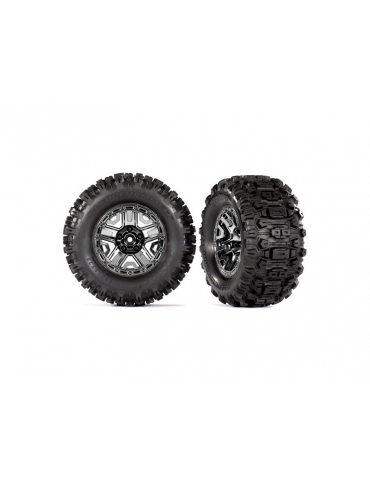 Traxxas Tires & wheels, black chrome 2.8" wheels, Sledgehammer tires (2)