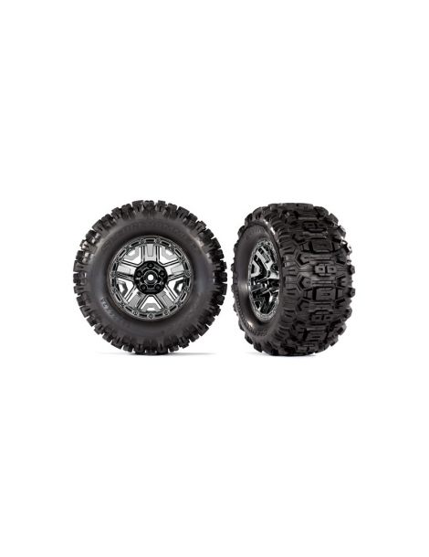 Traxxas Tires & wheels, black chrome 2.8" wheels, Sledgehammer tires (2)