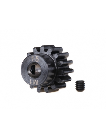 Traxxas Gear, 15T pinion 1.0M (fits 5mm shaft) hardened steel/ set screw