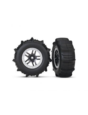 5891 - Traxxas Tires & wheels 2.2/3.0", SCT Split-Spoke satin chrome, paddle tire (2) (4WD f/r, 2WD r)