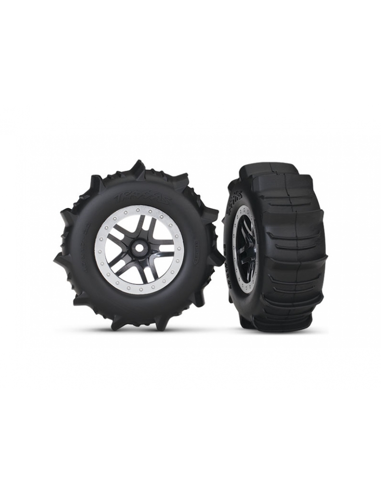 5891 - Traxxas Tires & wheels 2.2/3.0", SCT Split-Spoke satin chrome, paddle tire (2) (4WD f/r, 2WD r)