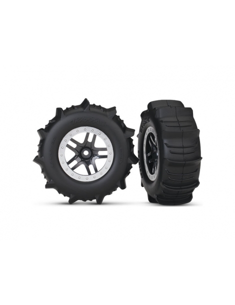5891 - Traxxas Tires & wheels 2.2/3.0", SCT Split-Spoke satin chrome, paddle tire (2) (4WD f/r, 2WD r)