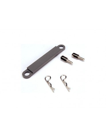 Traxxas Battery hold-down plate (grey)/ metal posts (2)/ body clips (2)