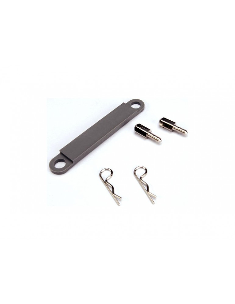 Traxxas Battery hold-down plate (grey)/ metal posts (2)/ body clips (2)