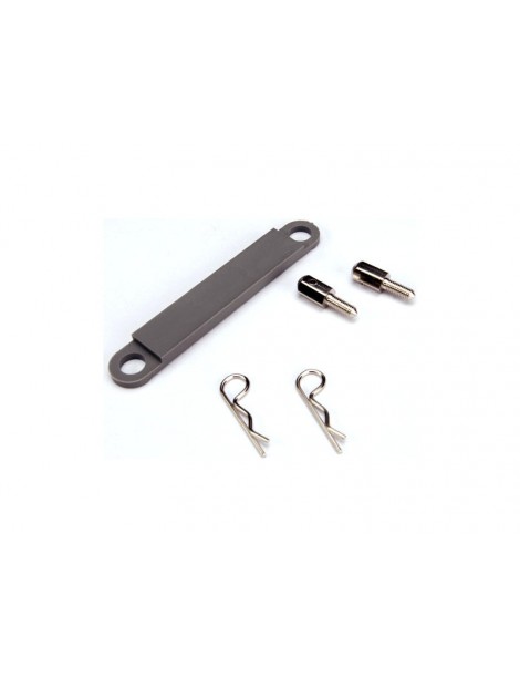Traxxas Battery hold-down plate (grey)/ metal posts (2)/ body clips (2)