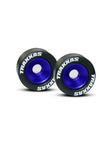 Traxxas 5186A mėlynos aliuminio Wheelie Bar ratukai su padangomis ir guoliais