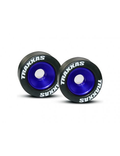 Traxxas 5186A mėlynos aliuminio Wheelie Bar ratukai su padangomis ir guoliais