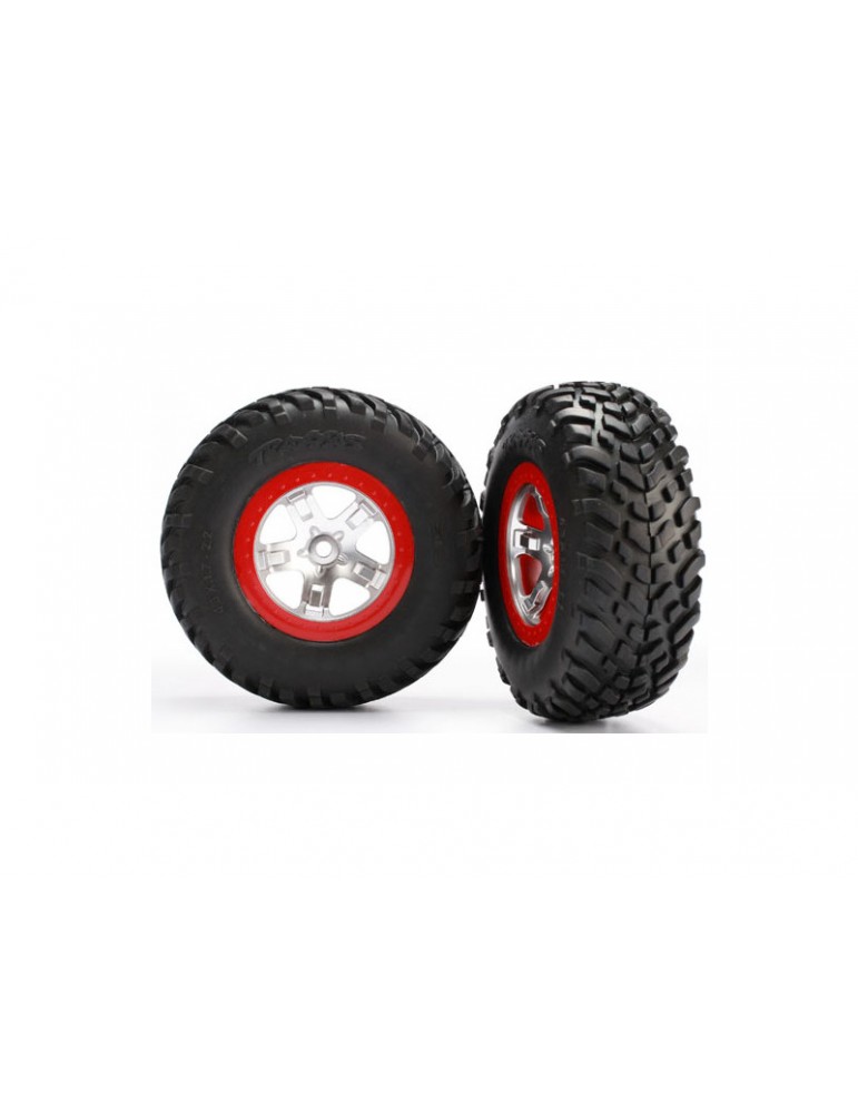 Traxxas Tires & wheels 2.2/3.0", SCT satin chrome-red wheel, SCT tire (2) (4WD f/r, 2WD r)