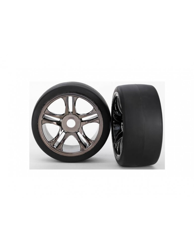 Traxxas Tires & wheels, split-spoke, black chrome wheels, slick S1 tires (2) (front)