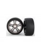 Traxxas Tires & wheels, split-spoke, black chrome wheels, slick S1 tires (2) (front)
