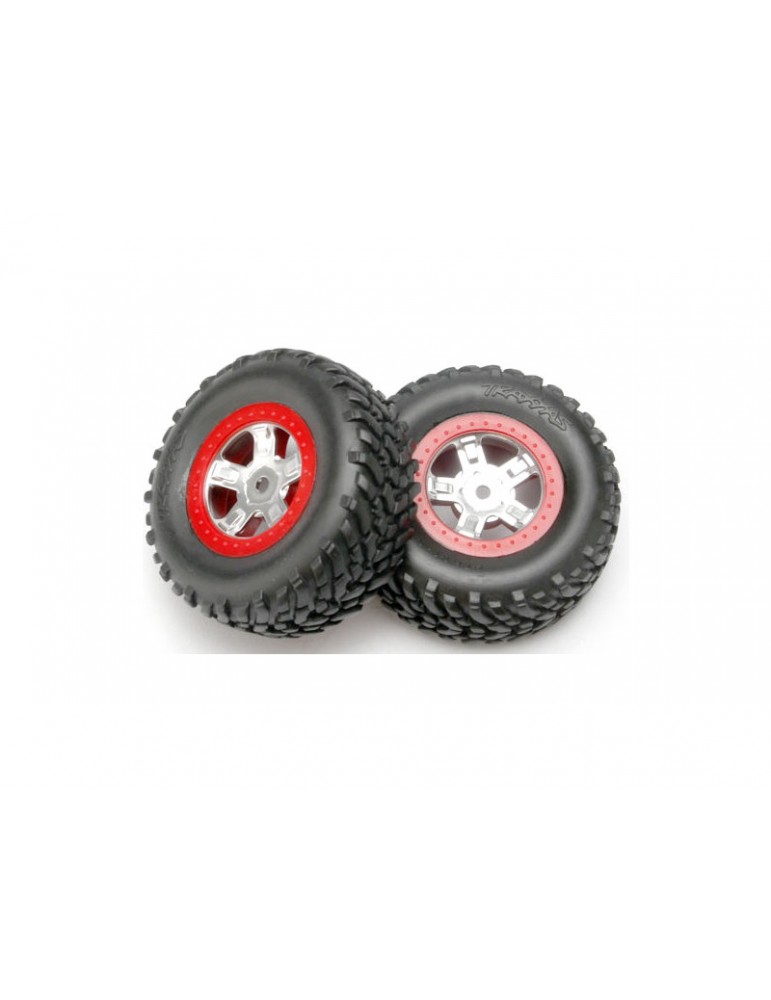 Traxxas Tires & wheels 1.4/1.8", SCT satin chrome-red wheels, SCT tires (2)