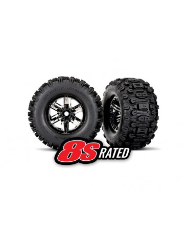 Traxxas Tires & wheels, X-Maxx black chrome wheels, Sledgehammer tires (2)