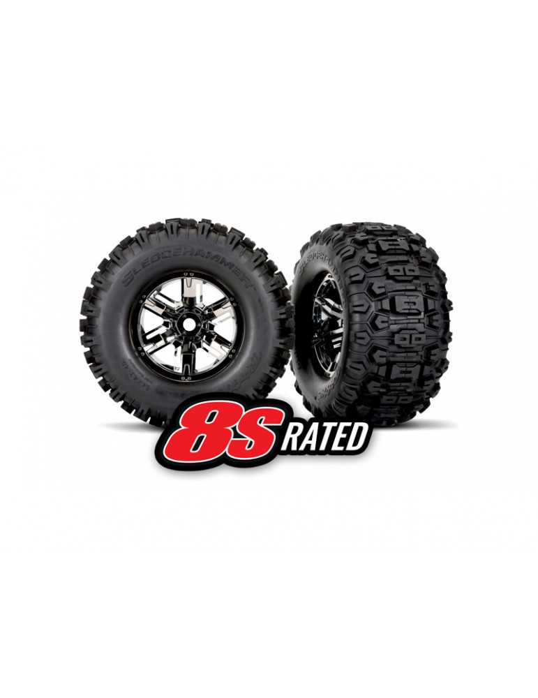 Traxxas Tires & wheels, X-Maxx black chrome wheels, Sledgehammer tires (2)